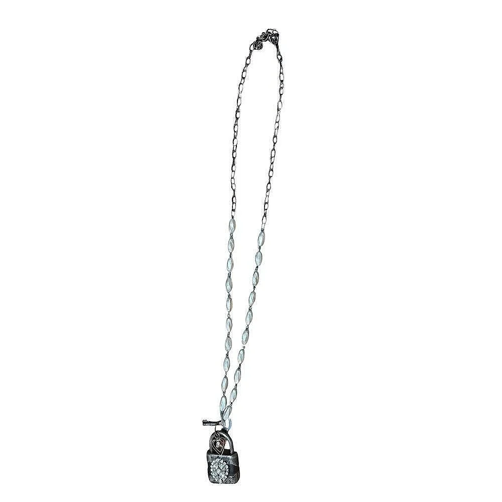 Vintage‎ Handmade Artisan Lock Necklace Rhinestone Key Charm Pendant